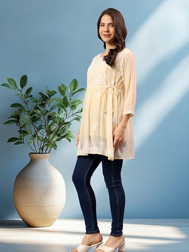 Image of Seva Chikan Hand Embroidered Lucknowi Chikankari Angarkha Georgette Top with Slip for Women SCL4041