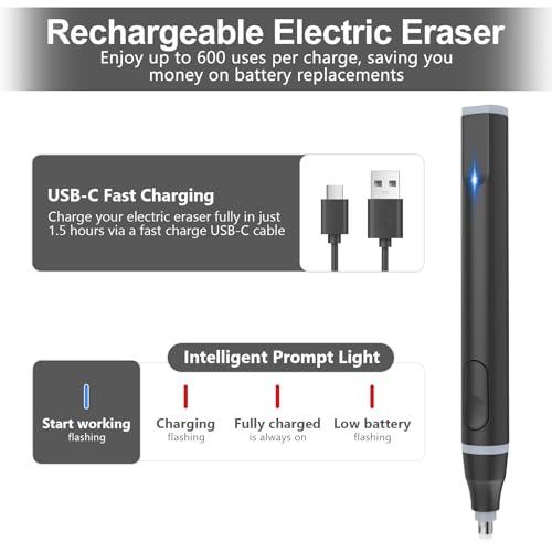 Cuteefun Elektrischer Radiergummi, USB C Wiederaufladbarer Radierstift Elektrisch mit 220 Radiergummi Minen, 2 Größen, Komfort Griff Präzisionsradierer für Studenten, Skizzen, Ingenieure, Schwarz