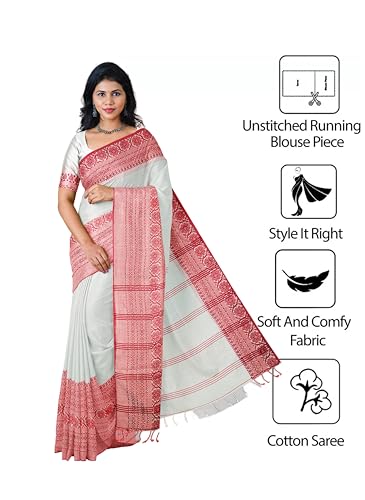 Image of eC ESHA'S COLLECTION Women's Cotton Blend Begumpuri Handloom Saree With Unstitched Running Blouse Piece