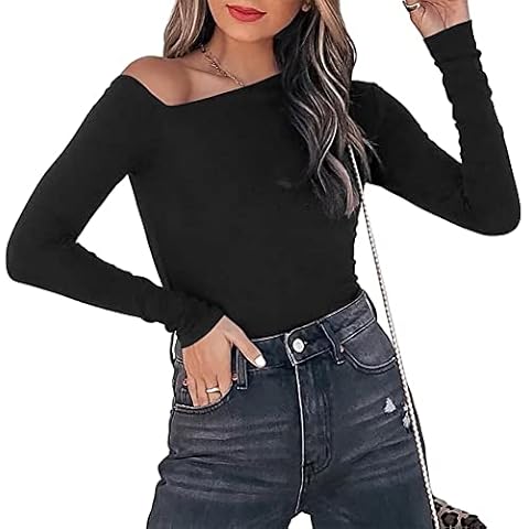 Dressmine Womens Off Shoulder Shirts Casual Long Sleeve Asymmetrical Slim Fit T Shirts Black X-Large Cover