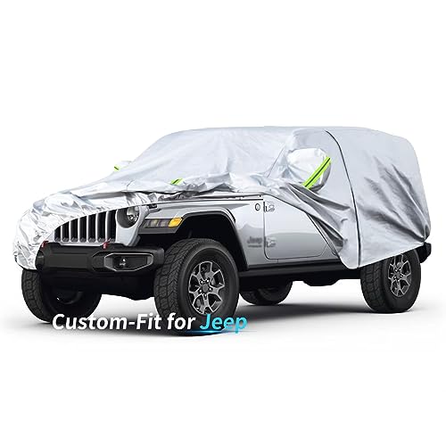 Image of Custom-Fit for Jeep Car Cover, 7 Layers Car Cover Waterproof All Weather for Automobiles, Outdoor Full Cover Rain Sun UV Protection with Zipper (Silver,for Jeep Wrangler)