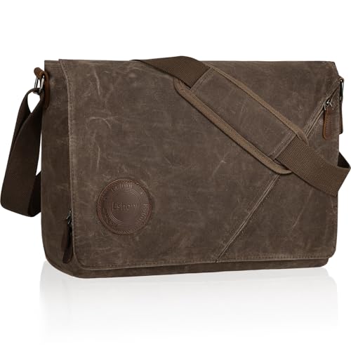Eshow Umhängetasche Herren 14 Zoll Wasserabweisend, Laptoptasche Messenger Bag aus Echtleder und Canvas, Arbeitstasche Schultertasche Vintage für Arbeit Uni Freizeit Büro Braun Eshow Umhängetasche Herren 14 Zoll Wasserabweisend, Laptoptasche Messenger Bag aus Echtleder und Canvas, Arbeitstasche Schultertasche Vintage für Arbeit Uni Freizeit Büro Braun