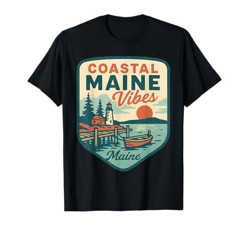 Coastal Maine Vibes Chemise Ocean Lighthouse Retro Sunset T-Shirt