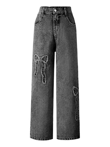 WDIRARA Girl's Bowknot Print Washed Jean Elastic Waist Denim Pants Straight Leg Trousers with Pockets