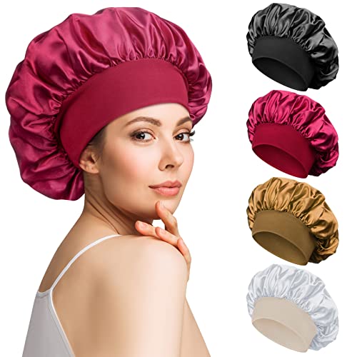 4pcs Satin Bonnet Silk Bonnet for Curly Hair Hair Bonnet Silk Hair Wrap for Sleeping Night Sleep Cap for Women (Gold, Silver