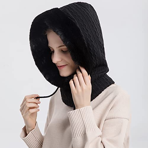 Womens Winter Black Faux Fur Hooded Scarf Hat Knit Beanie Hat Balaclava Pullover Hat Warm Skull Cap Earflap Ski Cap With Drawstring #TOP3