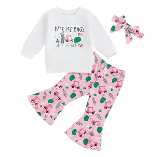 Toddler Baby Girl Golf Outfits I'm Going Golfing Letter Sweatshirt/Romper Flare Pants Headband 3Pcs Golf Baby Set