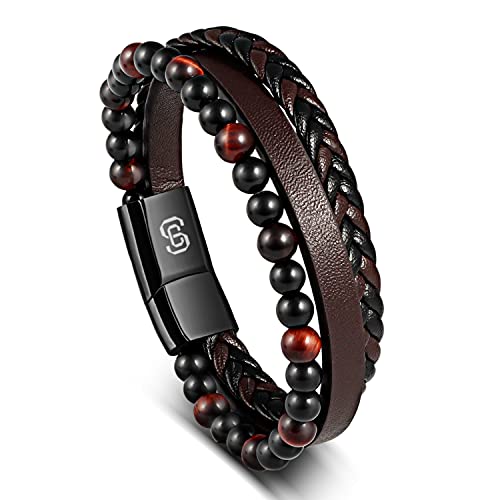 Bracelet Homme Cuir Bracelets pour Homme Boucle Magnétique en Acier Inoxydable pour Mari, Frère, Aîné, Collègue, Fils avec Boîte Cadeau (brun, 21) Cover