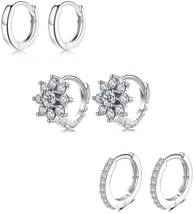 Sterling Silver Hoop Earrings Set for Women, 3 Pairs Small Huggie Hoop Earrings | Hypoallergenic Flower Cubic Zirconia Twisted Hoops Earring Jewelry for Men Girls, (8mm*3)