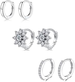 Sterling Silver Hoop Earrings Set for Women, 3 Pairs Small Huggie Hoop Earrings | Hypoallergenic Flower Cubic Zirconia Twisted Hoops Earring Jewelry for Men Girls, (8mm*3)
