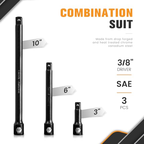 Image of 3 /8-Inch Drive Impact Extension Bar Set | 3 Piece Socket Extensions 3 inch 6 inch & 10 inch Length | Premium Cr-V Steel with Black Phosphate Finish