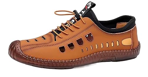 Lace-up Hollow Out Business Loafers for Men's Round top Low Top Leather Casual Sandal Shoes Slip On Flat Heel Soft Sole Oxfords (Color : Brown, Size : 10 US)