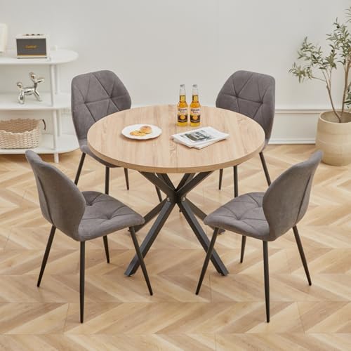 GrandCA HOME Ensemble Table et Chaises à Manger, Table à Manger Ronde de 100 cm et 4 Chaises en Lin Modernes, pour Salle à Manger, Cuisine, Salon (Claire...