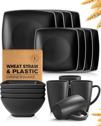 Teivio 16-piece Plastic Wheat Straw Square Dinnerware Set for 4, Unbreakable Dinner Plates, Salad Plates, Snack Bowls, Mugs, Dishwasher Safe, Black