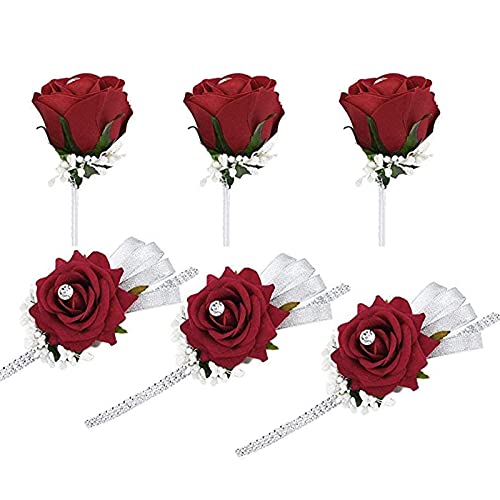 FAYBOX 6 Pack Wedding Wrist Corsage and Boutonniere Set for Bride,Bridesmaid,Man,Groom,Red Rose Wedding Flowers Accessories Prom Suit Decorations