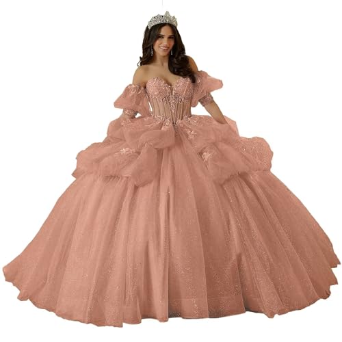 Glitter Tulle Quinceanera Dresses with Bow Elegant Ruffles Ball Gowns Lace Appliques Sweet 15 16 Dresses with Sleeves
