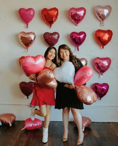 Image of Rose Gold & Pink Heart Balloons - 10 Pcs 18 Inch Foil Heart Shaped Balloons for Girls Women - Red Light - Valentines Day, Birthday, Wedding, Baby Shower, Bridal Party Decorations