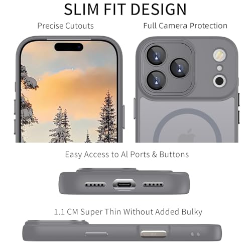Image of Elzzi Magnetic Magsafe for iPhone 17 Pro Max Case (Compatible with MagSafe) Slim Translucent Matte Shockproof with Anti-Fingerprint Phone Case - Grey