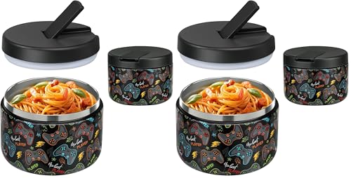 Image of 12oz Insulated Vacuum Food Jar with Buckle Lid Wide Mouth Soup Thermo for Hot Food Kids Leakproof Stainless Steel Lunch Container (Black-Game) (Pack of 2)