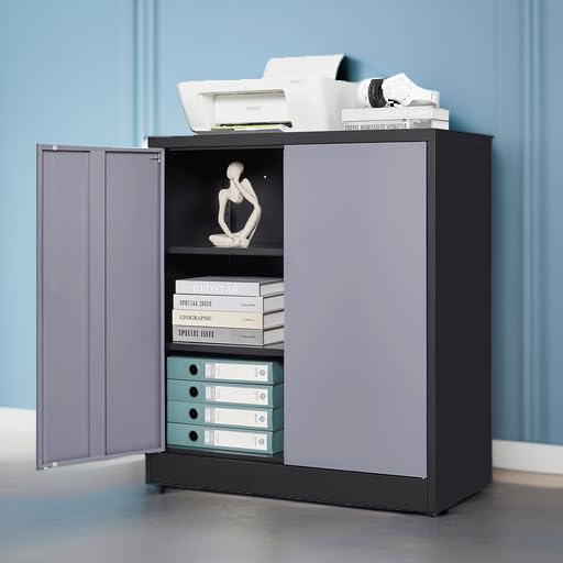 Image of Letaya Metal Storage Cabinets with Lock Door,2 Adjustable Shelves Organizer Steel Storage Cabinets for Home,Office,Warehouse,Garage,Employee Lockers(Black Gray)