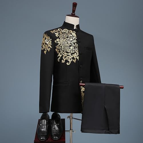 Mens 2 Pieces Chinese Tunic Suit Mandarin Collar Slim Fit Blazer Jacket Pants Suits Uniform Dress for Wedding Prom2