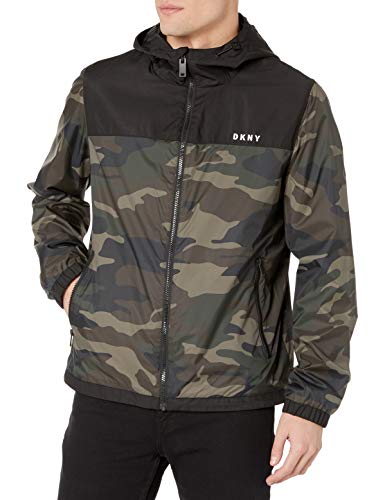 DKNY Men's Water Resistant Mixed Media Hooded Rain Slicker Jacket, Camouflage, Medium