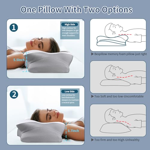 Image of Cervicac了Neck Pillow for Pain Relief - Ergonomic Side Sleeper Pillow for Neck Support, Contour Orthopedic Cervical Pillow for Sleeping, Cooling Memory Foam Pillows for Back Sleepers (Light Grey&White)