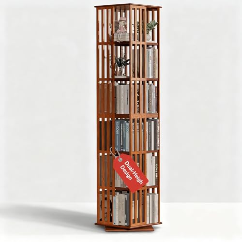 Image of Lauxery Rotating Bookshelf Tower, 6-Tier 360 Bamboo Spinning Bookcase - Easy Assemble Revolving Book Shelf, Floor Standing Space-Saving Storage Book Shelves for Small Space, Home, Office | Walnut