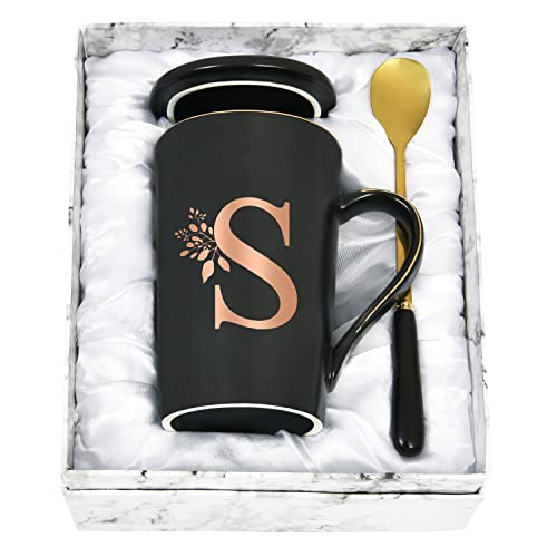 Joymaking Personalisierte Tasse mit Buchstaben Kaffeetasse mit Blumen Motiv, Namen Initiale persönliche Geschenke Kaffeetasse für Frauen Freundin, S - 400ml Schwarz