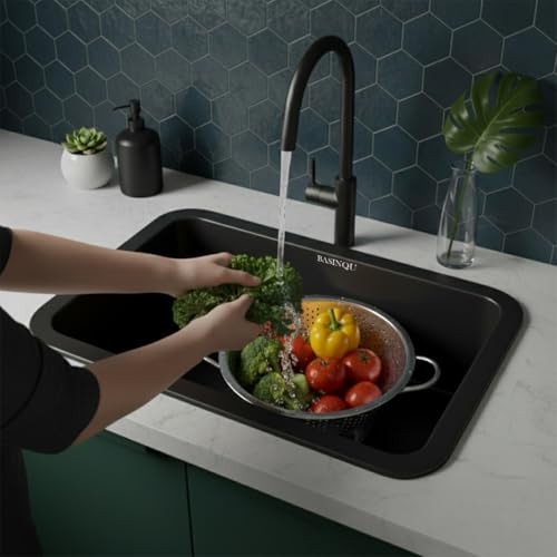 Image of BASINQU Quartz Sink for Kitchen | 24x18x9 Inches Black Single Bowl Sink For Kitchen Basin Round Corner Kitchen Sink | Granite UV Protected Scratch Resistant, Undermount /Topmount Kitchen Sinks