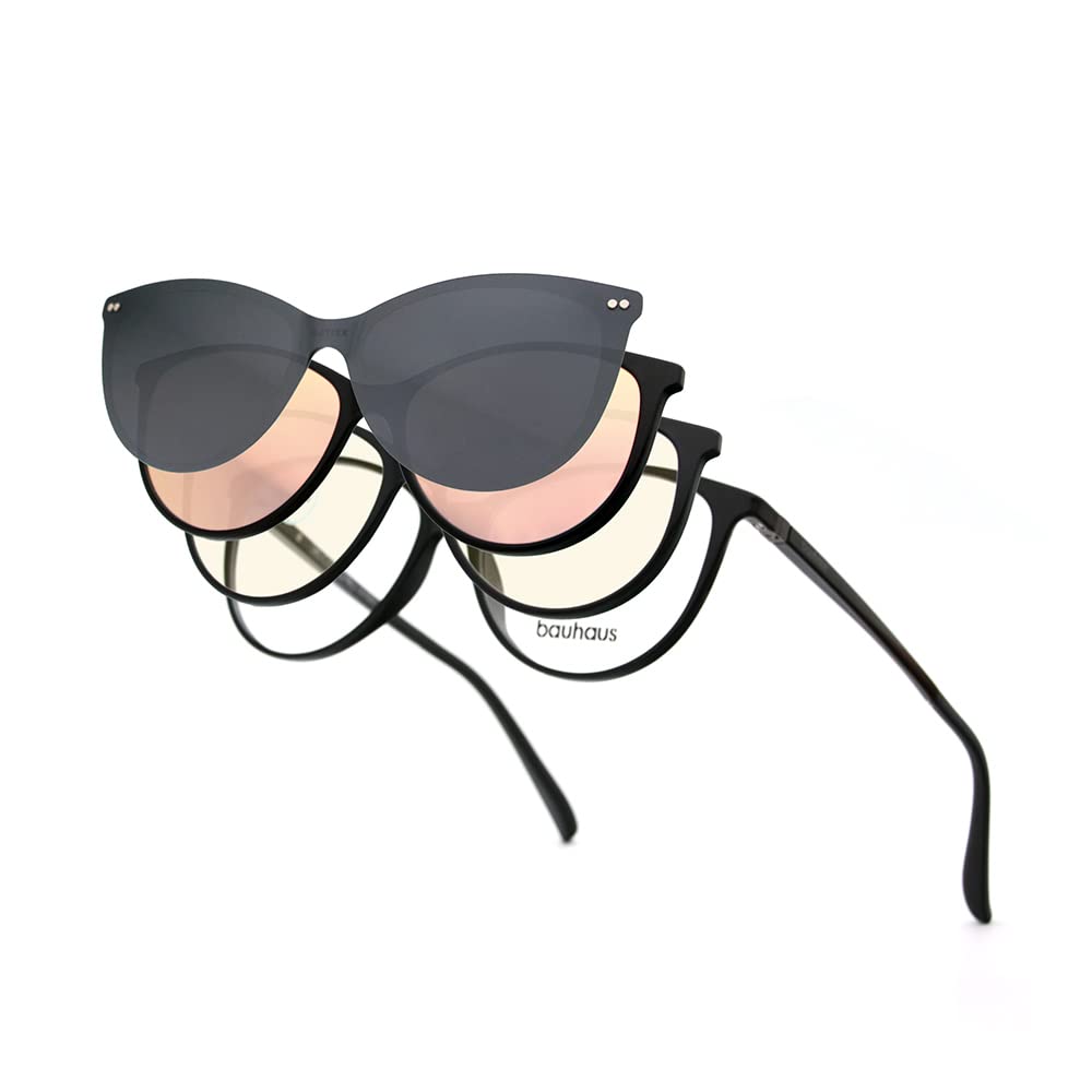 Bauhaus Magnetic Clip on Sunglasses for Men & Women Polarized UV Protection Retro Square Eyeglasses Fit Over Night Driving