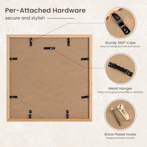 Image of FLYJOE 12x12 Oak Wood Square Picture Frame with Mat for 8x8, 12 by 12 USA-Sourced Natural Solid Wooden Photo Frame for Wall Display, Shatterproof Plexiglass, Hanging Hardware Included, 1 Pack, Natural