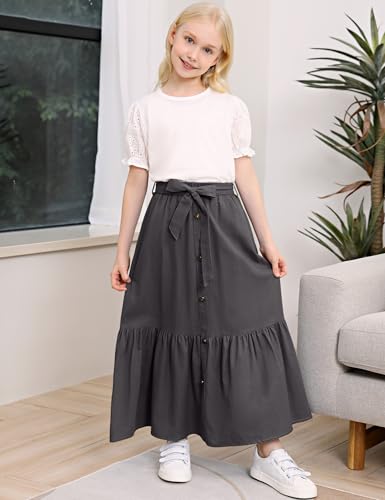 Image of Maxi Skorts Skirt for Girls Button Front High Waisted Long Skirt with Belt Ruffled Skirts with Pocket 3-12Years