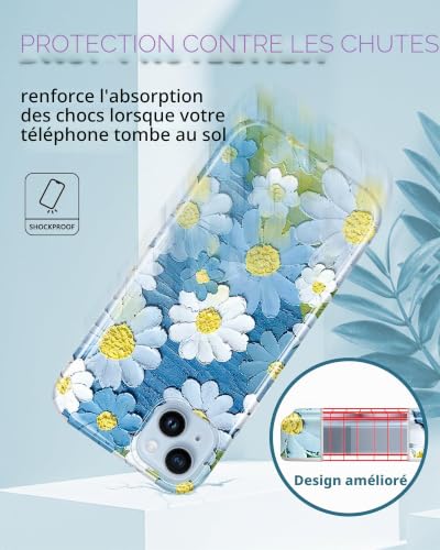 Coque antichoc iPhone 14 fine anti-rayures motif fleurs bleu