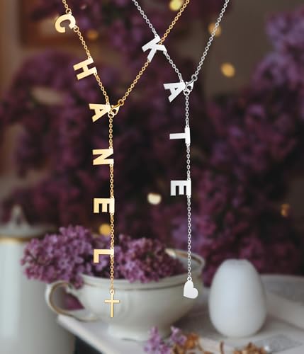 Lariat Name Letter Necklace For Women Gold Custom Initial Y-Shaped Long Chain Necklace Personalzied Simple Trendy Nameplated Necklaces4