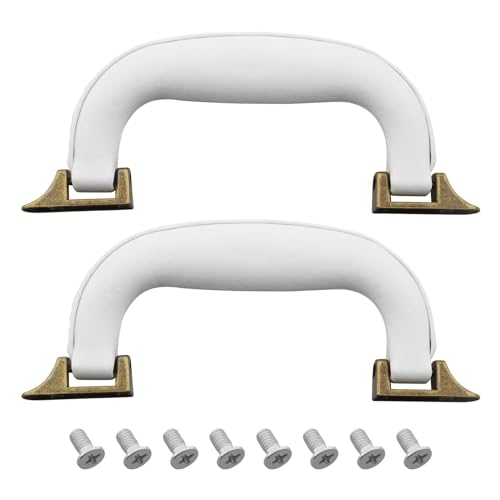Image of 2x Guitar Musical Box Handle 160mm PU Leather Suitcase Handle Alloy Base Replacement With Screws White Brown