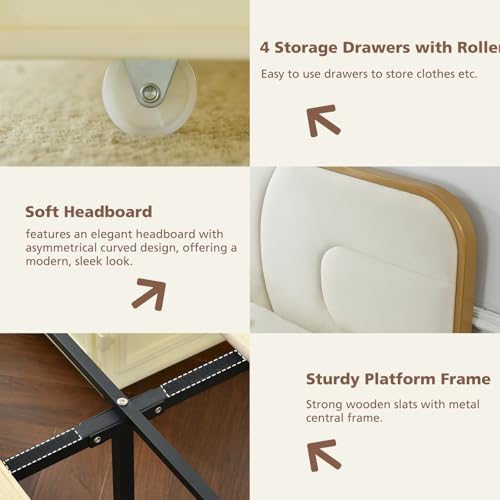 Queen Size Rounded Metal Upholstered Bed with , Velvet Platform Storage Bedframe with Headboard, Wooden Slats Support, No Box Spring Needed, Cream
