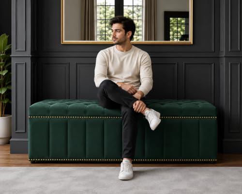 Image of Tufted Velvet Storage Ottoman Bench with Nailhead Trim (Dark green) | Storage Ottoman bench