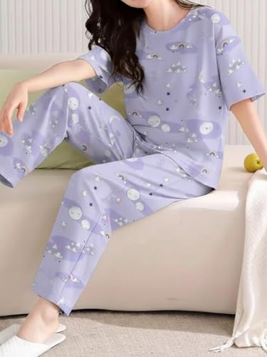 Image of Women's Korean Style Night Suit Set | Cotton Half Sleeve Top & Pyjama Set | Round Neck Printed Nightsuit | Comfortable Nightwear & Loungewear for Women | Sleepwear Pjs Lounge Set |Co-ords Outfit