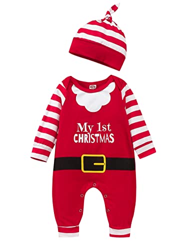 Siyova Ensemble de Noël pour bébé 2 pièces Combinaison à manches longues + chapeau Barboteuse enfant de Noël, grenouillère rouge Body bébé garçon My...