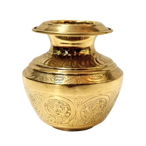 Image of Pure Brass Puja Kalash for Pooja | Traditional Embossed Design | Shiny Brass Inside & Outside | Ideal for Temple, Griha Pravesh & Festivals