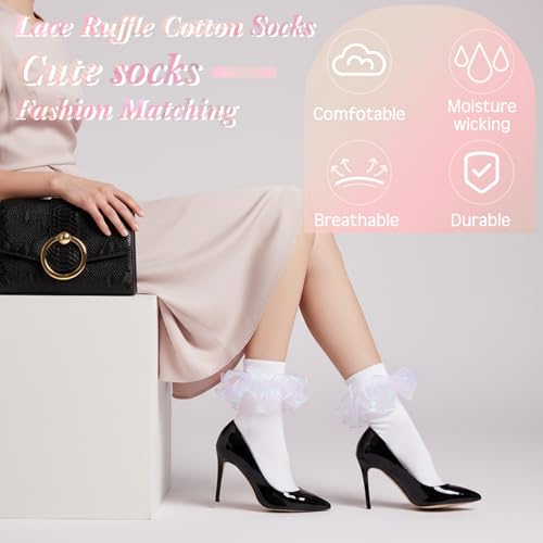 Image of Geyoga 3 Pairs Women Big Ruffle Socks Turn Cuff, Double Lace Ankle Cotton Frilly Socks for Ladies Summer