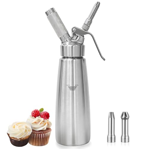 Whipped Cream Dispenser, Stainless Steel Whipped Cream Maker with 3 Decorating Nozzles 1 Brush, 500ML/1 Pint for Desserts (N2O Chargers Not Included)