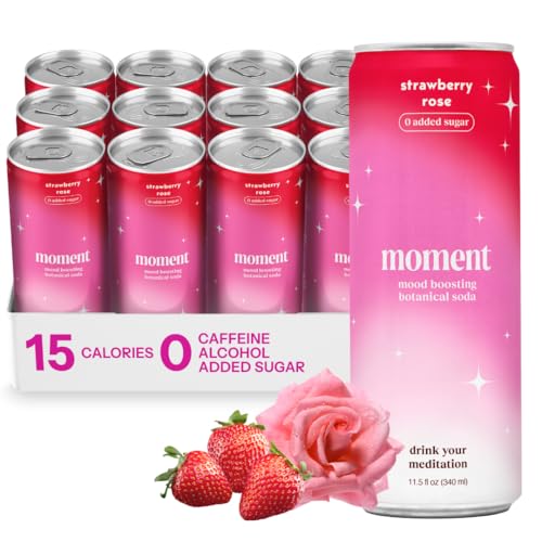 Moment Botanical Soda Soft Drink (Shark Tank) - SPARKLING Drinks | Strawberry Rose | L-Theanine & Ashwagandha for Calm & Clarity | 0 Added Sugar 0 Caffeine | 12-pack