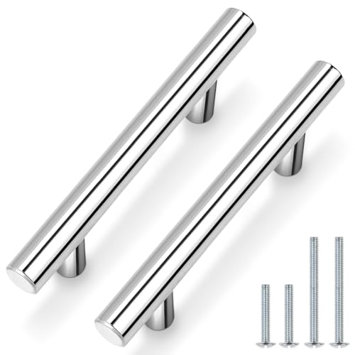 Image of Probrico 25 Pack 5 inch Kitchen Cabinet Handles Polished Chrome Drawer Pulls for Cabinet Door 3 inch Hole Centers, Euro T Bar Cabinet Pulls and Handles Stainless Steel Drawer Handles