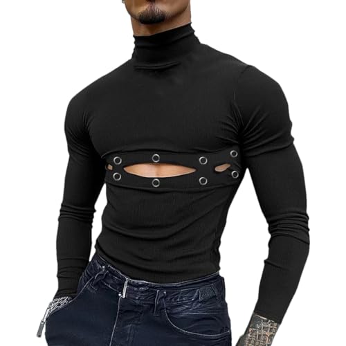 Men's High Neck Hollow Double Breasted Design Slim Fit Base Solid Color Casual Simple Knit Sweater