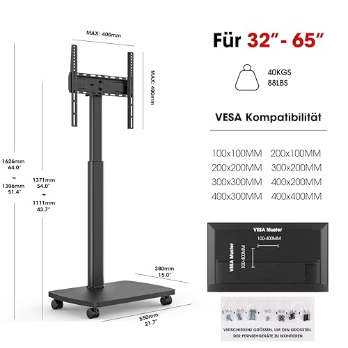 AOKCOS TV Ständer Rollbar mit Holzregal, Fernsehständer mit Rollen für 32-65 Zoll Flach & Curved Fernseher bis 35kg, TV Bodenständer 90°Rotierbar Höhenverstellbar, Max.VESA 400x400mm (Schwarz)
