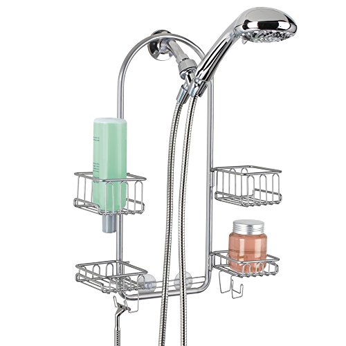 mDesign Swing Bathroom Shower Caddy for Hand Held Hose with 4 Baskets for Shampoo, Conditioner, Soap - Silver