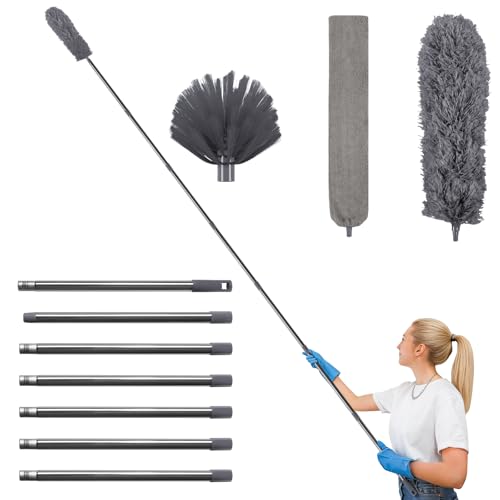 Terafeels Plumero telescópico largo de 310 cm, lavable, con 1 escoba de esquina flexible y 1 removedor de telarañas para limpieza debajo del sofá, muebles, ventilador de techo, telarañas (gris)