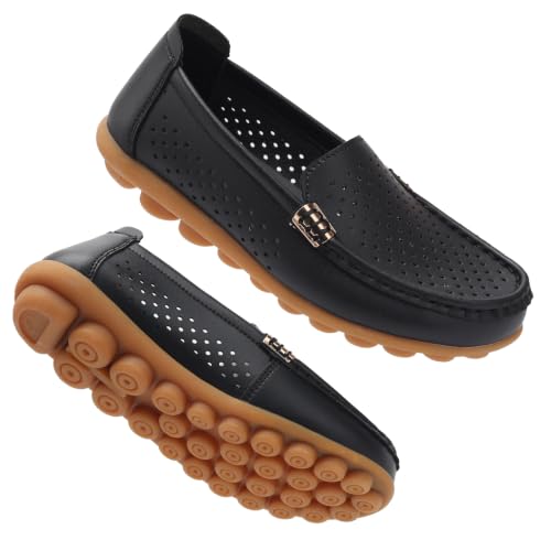 Image of Women's Comfortable & Lightweight Leather Loafers Slip-Ons Driving Walking Mocs Boat Shoes Cute Business Casual Dress Shoes Work Flats for Women